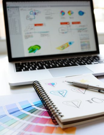 Website branding and layout planning with colour palette and logo sketches